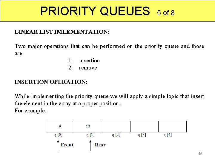 PRIORITY QUEUES 5 of 8 LINEAR LIST IMLEMENTATION: Two major operations that can be