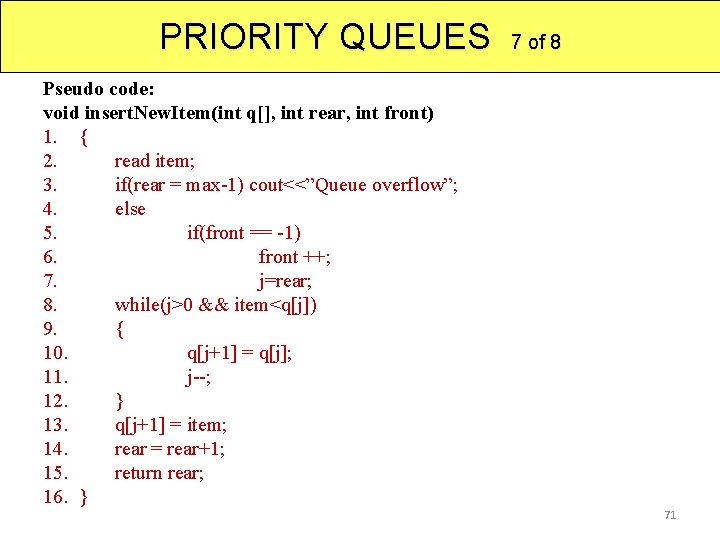 PRIORITY QUEUES Pseudo code: void insert. New. Item(int q[], int rear, int front) 1.