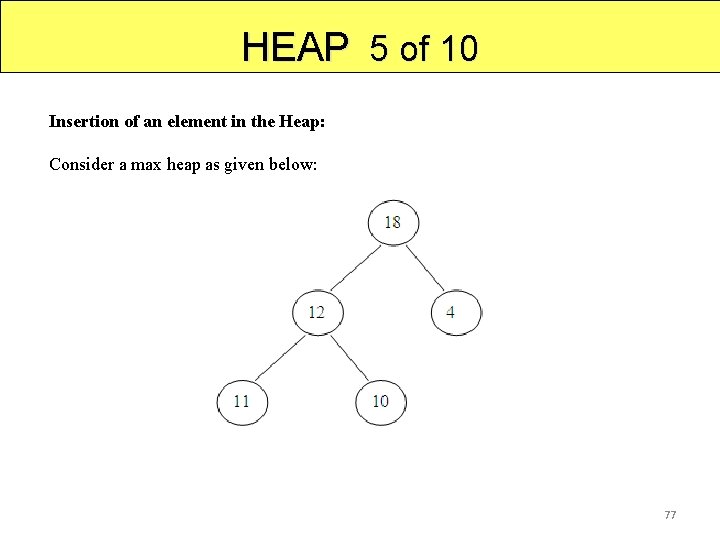 HEAP 5 of 10 Insertion of an element in the Heap: Consider a max