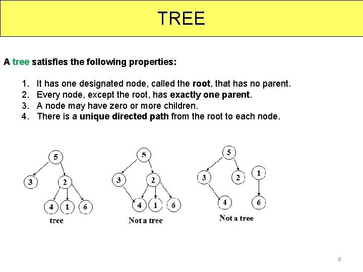 TREE A tree satisfies the following properties: 1. 2. 3. 4. It has one