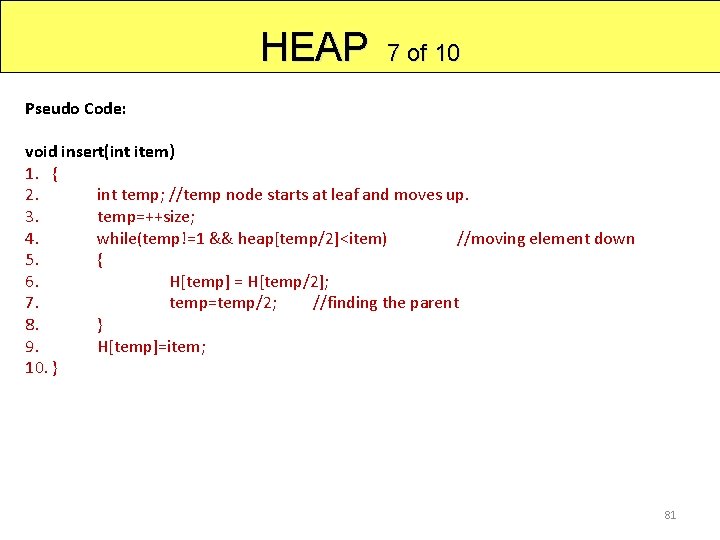 HEAP 7 of 10 Pseudo Code: void insert(int item) 1. { 2. int temp;