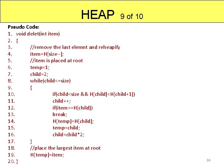 HEAP 9 of 10 Pseudo Code: 1. void delet(int item) 2. { 3. //remove