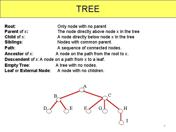 TREE Root: Only node with no parent Parent of x: The node directly above