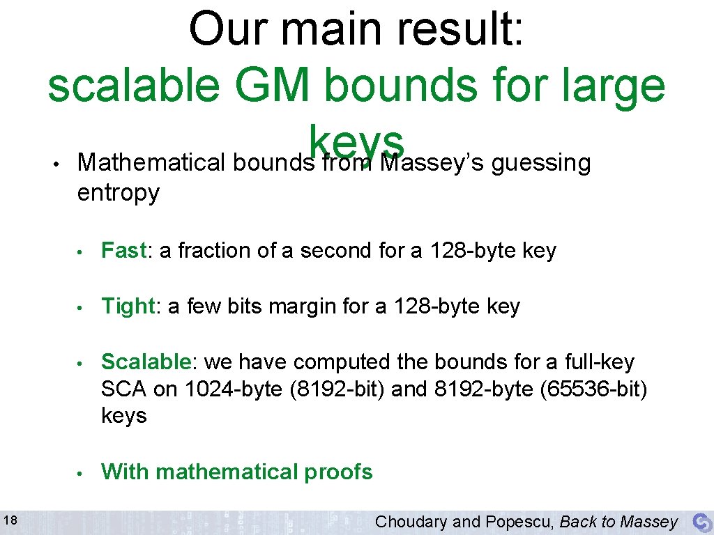 Our main result: scalable GM bounds for large keys • Mathematical bounds from Massey’s