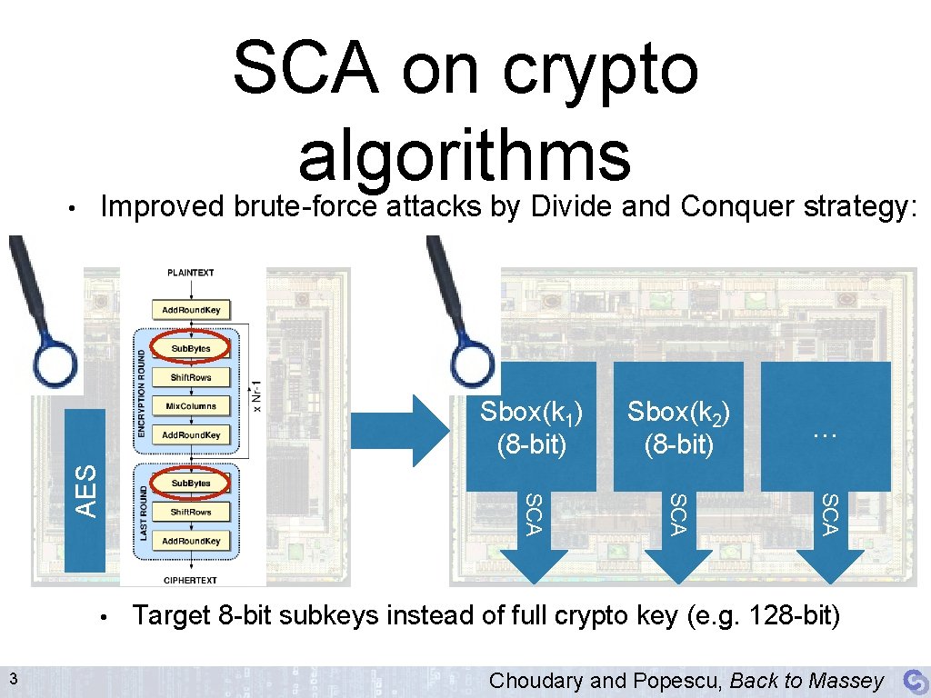 SCA on crypto algorithms Improved brute-force attacks by Divide and Conquer strategy: … SCA