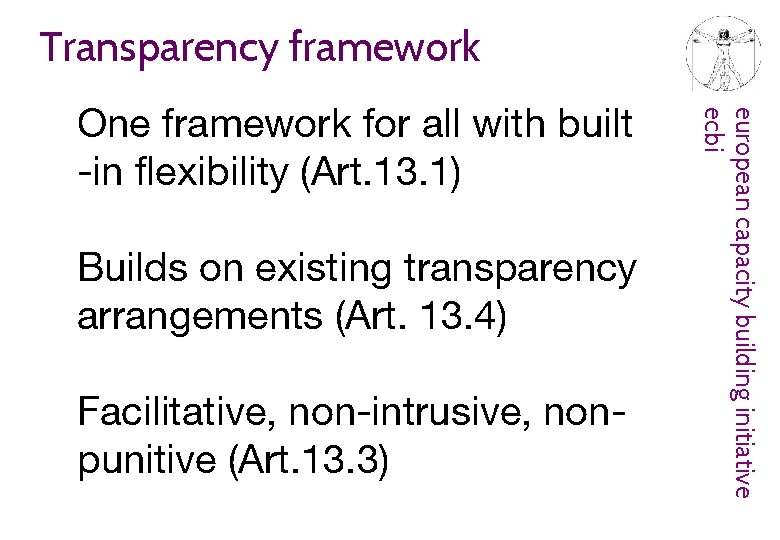 Transparency framework Builds on existing transparency arrangements (Art. 13. 4) Facilitative, non-intrusive, nonpunitive (Art.