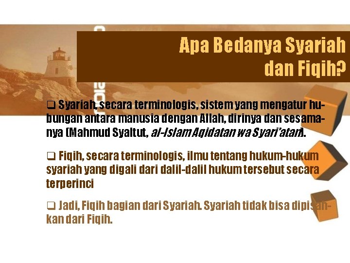 Apa Bedanya Syariah dan Fiqih? q Syariah, secara terminologis, sistem yang mengatur hubungan antara