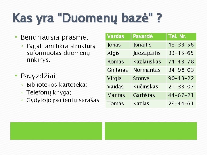 Kas yra “Duomenų bazė” ? Bendriausia prasme: ◦ Pagal tam tikrą struktūrą suformuotas duomenų Kas yra “Duomenų bazė” ? Bendriausia prasme: ◦ Pagal tam tikrą struktūrą suformuotas duomenų