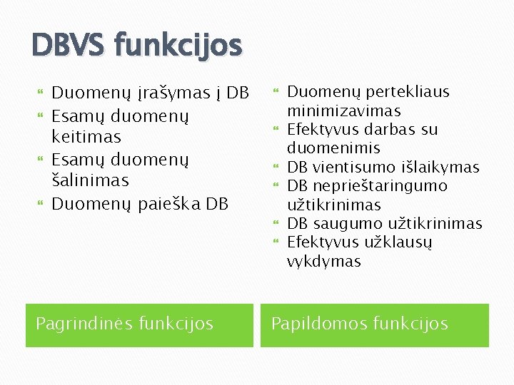 DBVS funkcijos Duomenų įrašymas į DB Esamų duomenų keitimas Esamų duomenų šalinimas Duomenų paieška DBVS funkcijos Duomenų įrašymas į DB Esamų duomenų keitimas Esamų duomenų šalinimas Duomenų paieška