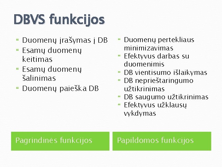 DBVS funkcijos Duomenų įrašymas į DB Esamų duomenų keitimas Esamų duomenų šalinimas Duomenų paieška