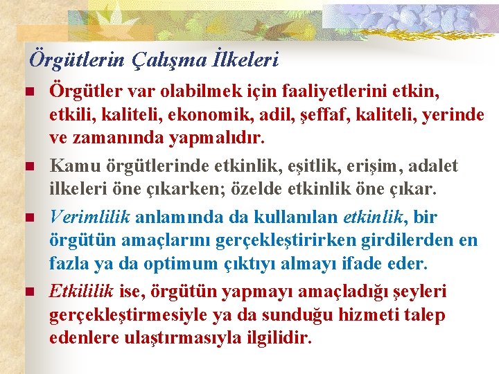Örgütlerin Çalışma İlkeleri n n Örgütler var olabilmek için faaliyetlerini etkin, etkili, kaliteli, ekonomik,