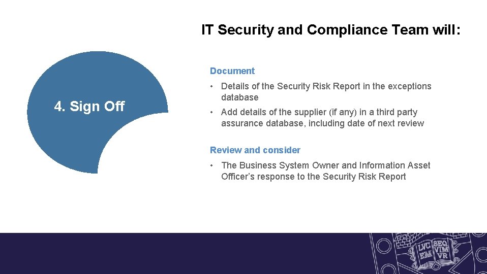 IT Security and Compliance Team will: Document 4. Sign Off • Details of the