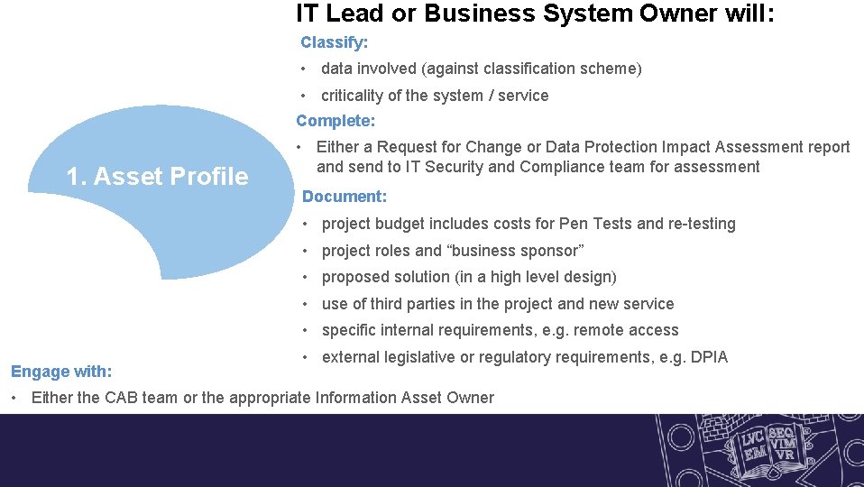 IT Lead or Business System Owner will: Classify: • data involved (against classification scheme)