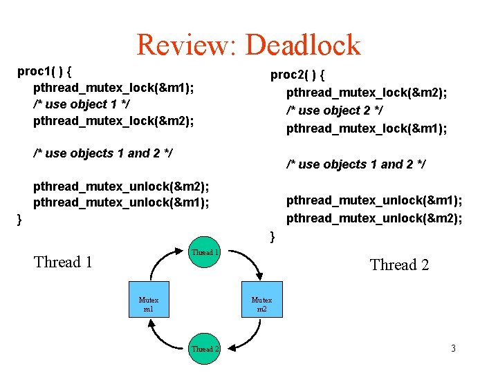 Review: Deadlock proc 1( ) { pthread_mutex_lock(&m 1); /* use object 1 */ pthread_mutex_lock(&m