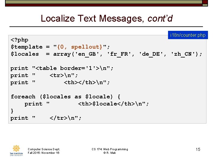Localize Text Messages, cont’d i 18 n/counter. php <? php $template = "{0, spellout}";