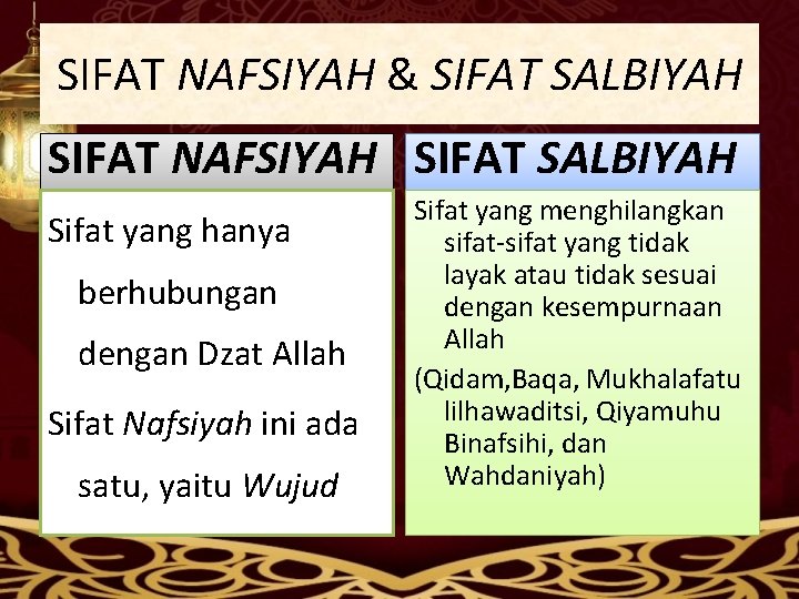 SIFAT NAFSIYAH & SIFAT SALBIYAH SIFAT NAFSIYAH SIFAT SALBIYAH Sifat yang hanya berhubungan dengan