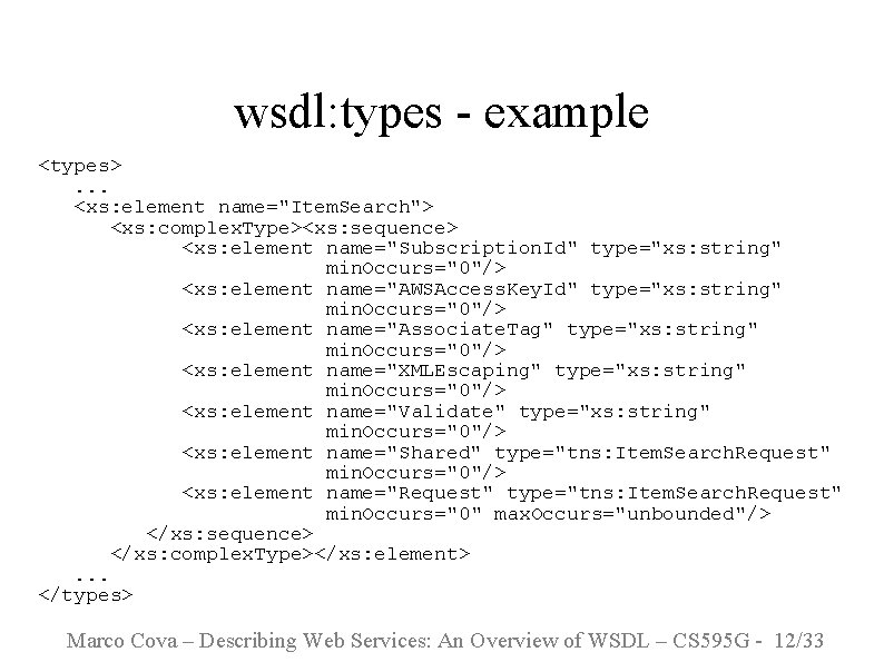 wsdl: types - example <types>. . . <xs: element name="Item. Search"> <xs: complex. Type><xs:
