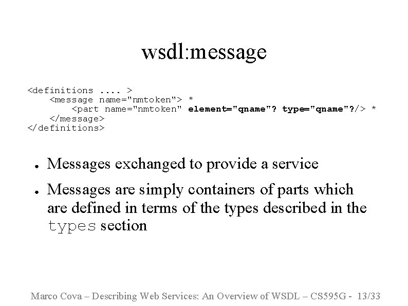 wsdl: message <definitions. . > <message name="nmtoken"> * <part name="nmtoken" element="qname"? type="qname"? /> *