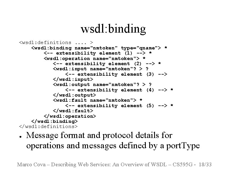 wsdl: binding <wsdl: definitions. . > <wsdl: binding name="nmtoken" type="qname"> * <-- extensibility element