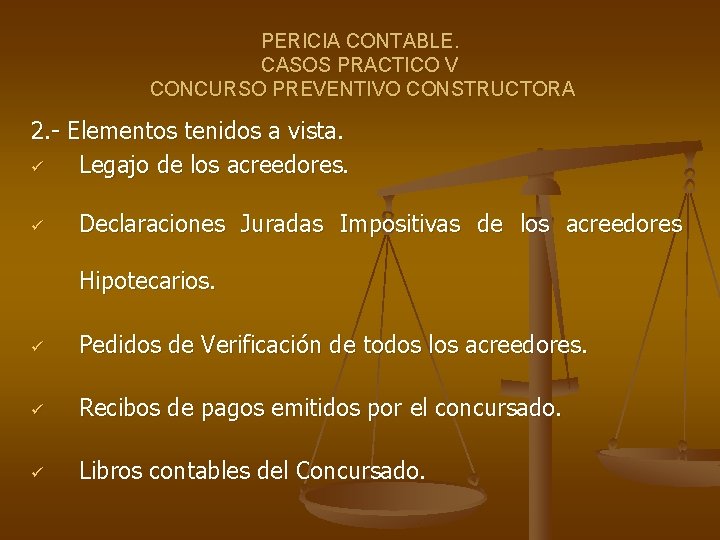 PERICIA CONTABLE. CASOS PRACTICO V CONCURSO PREVENTIVO CONSTRUCTORA 2. - Elementos tenidos a vista.