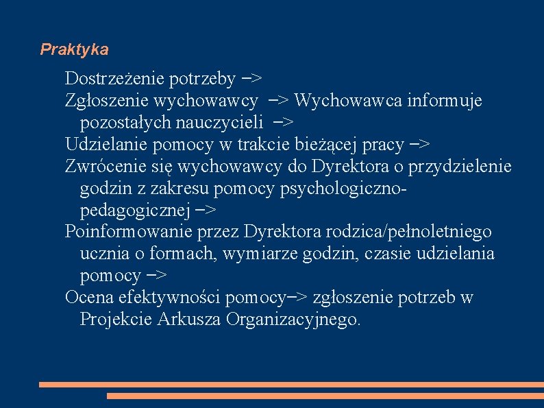 Praktyka Dostrzeżenie potrzeby ˃ Zgłoszenie wychowawcy ˃ Wychowawca informuje pozostałych nauczycieli ˃ Udzielanie pomocy