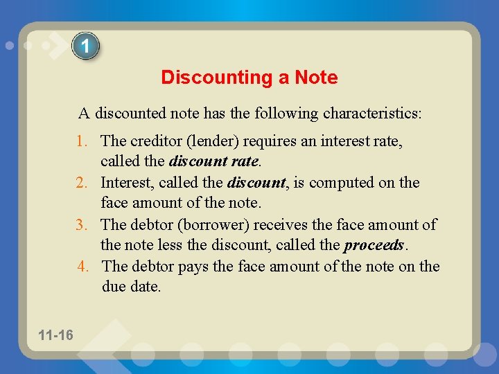 1 Discounting a Note A discounted note has the following characteristics: 1. The creditor