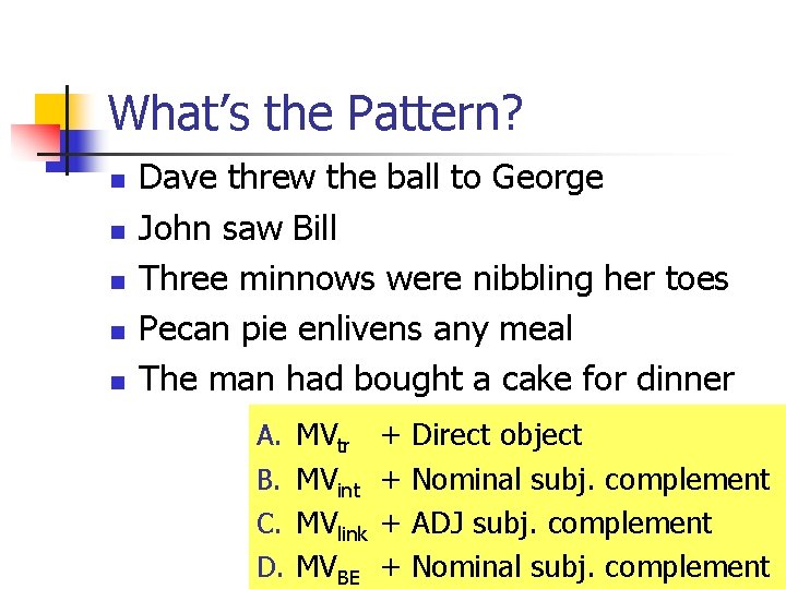 What’s the Pattern? n n n Dave threw the ball to George John saw