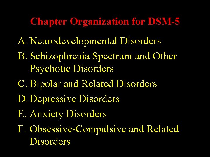 Chapter Organization for DSM-5 A. Neurodevelopmental Disorders B. Schizophrenia Spectrum and Other Psychotic Disorders