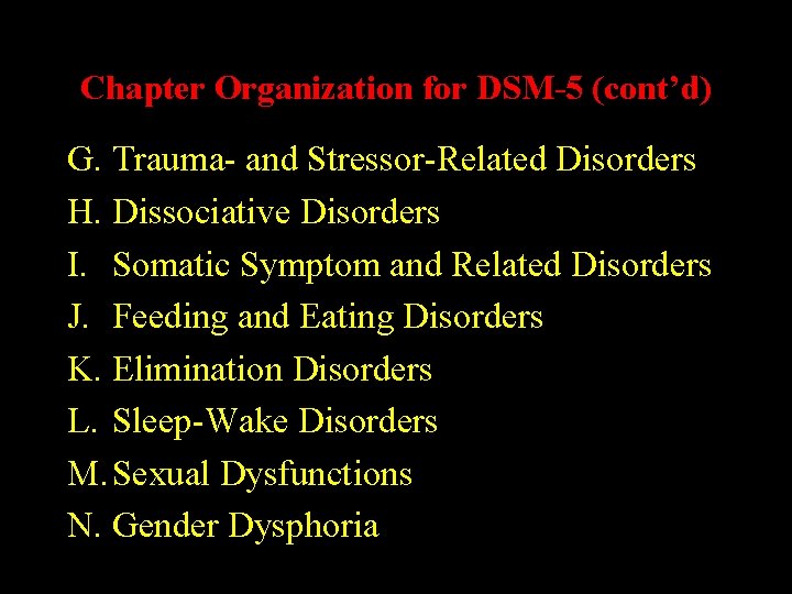 Chapter Organization for DSM-5 (cont’d) G. Trauma- and Stressor-Related Disorders H. Dissociative Disorders I.