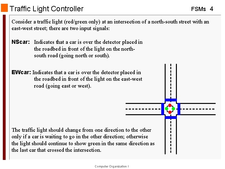 Traffic Light Controller FSMs 4 Consider a traffic light (red/green only) at an intersection