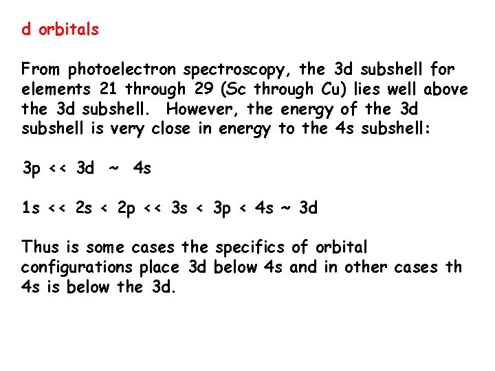 d orbitals From photoelectron spectroscopy, the 3 d subshell for elements 21 through 29