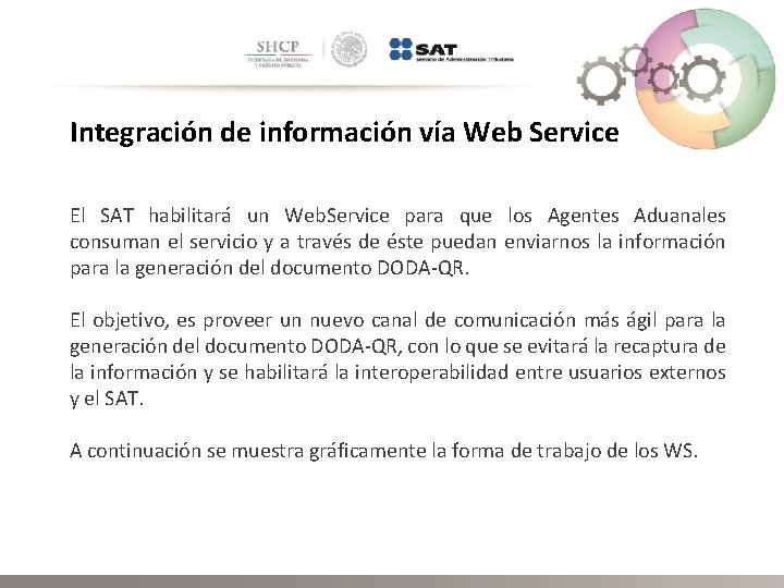 Integración de información vía Web Service El SAT habilitará un Web. Service para que