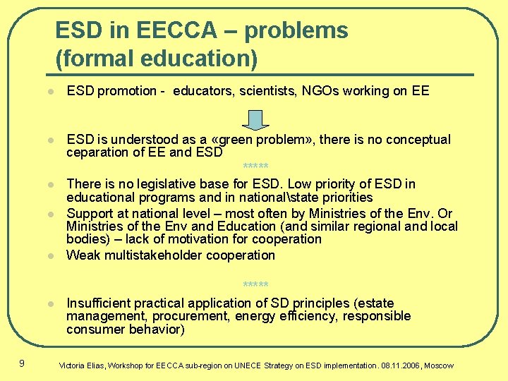 ESD in EECCA – problems (formal education) l ESD promotion - educators, scientists, NGOs