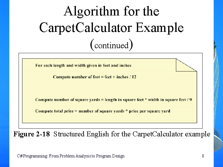 Algorithm for the Carpet. Calculator Example (continued) Figure 2 -18 Structured English for the Algorithm for the Carpet. Calculator Example (continued) Figure 2 -18 Structured English for the
