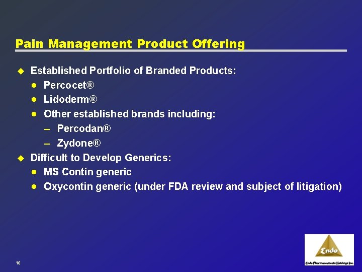 Pain Management Product Offering Established Portfolio of Branded Products: · Percocet® · Lidoderm® ·
