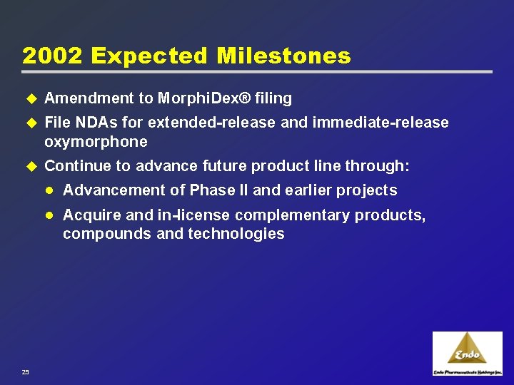 2002 Expected Milestones u Amendment to Morphi. Dex® filing u File NDAs for extended-release