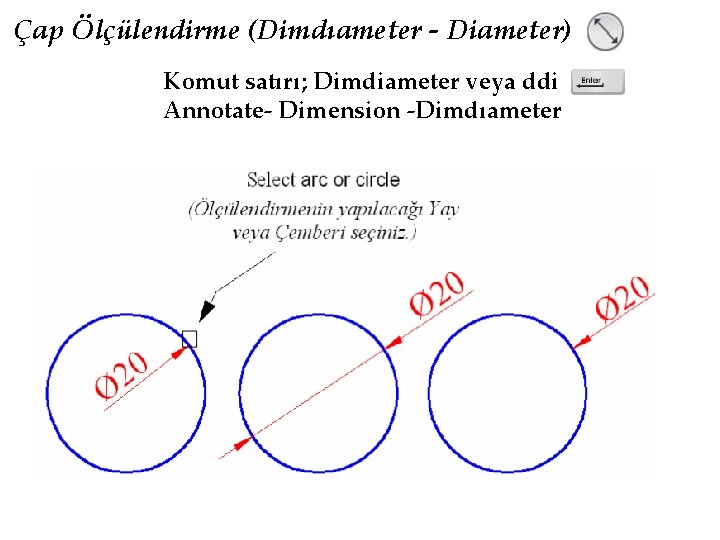 Çap Ölçülendirme (Dimdıameter - Diameter) Komut satırı; Dimdiameter veya ddi Annotate- Dimension -Dimdıameter 
