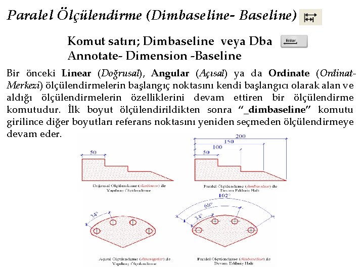Paralel Ölçülendirme (Dimbaseline- Baseline) Komut satırı; Dimbaseline veya Dba Annotate- Dimension -Baseline Bir önceki