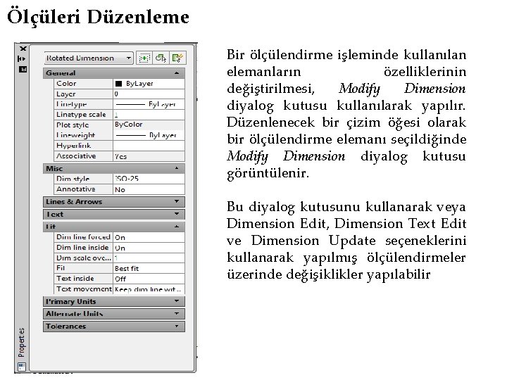 Ölçüleri Düzenleme Bir ölçülendirme işleminde kullanılan elemanların özelliklerinin değiştirilmesi, Modify Dimension diyalog kutusu kullanılarak