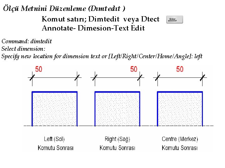 Ölçü Metnini Düzenleme (Dımtedıt ) Komut satırı; Dimtedit veya Dtect Annotate- Dimesion-Text Edit Command: