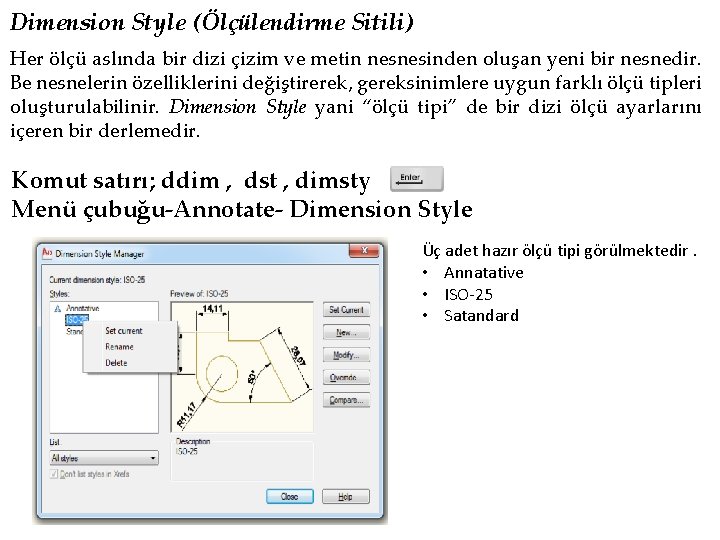 Dimension Style (Ölçülendirme Sitili) Her ölçü aslında bir dizi çizim ve metin nesnesinden oluşan