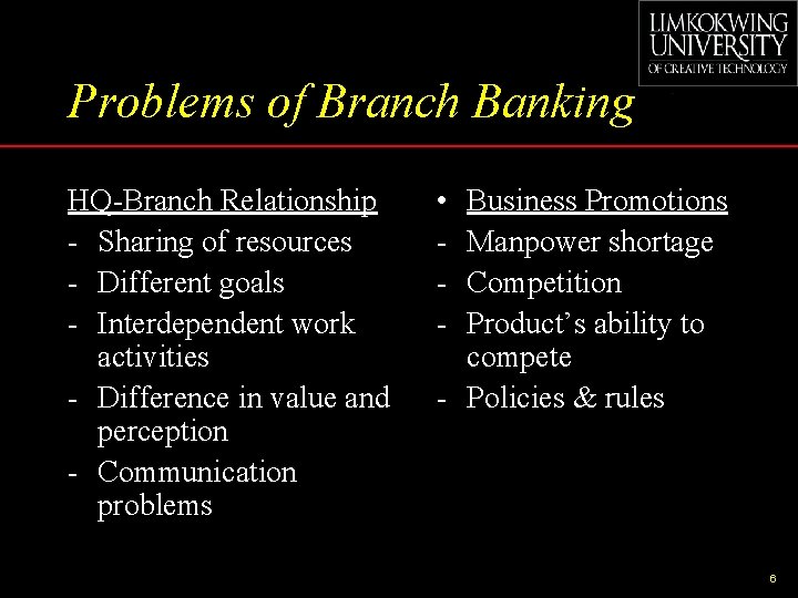 Problems of Branch Banking HQ-Branch Relationship - Sharing of resources - Different goals -