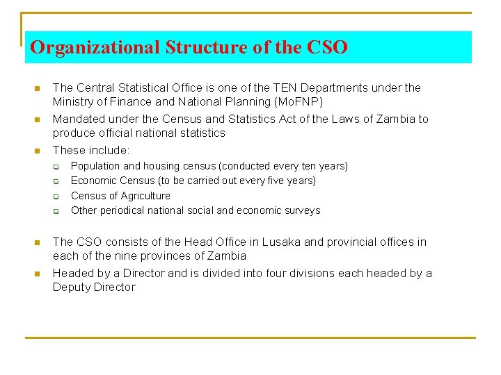 Organizational Structure of the CSO n n n The Central Statistical Office is one