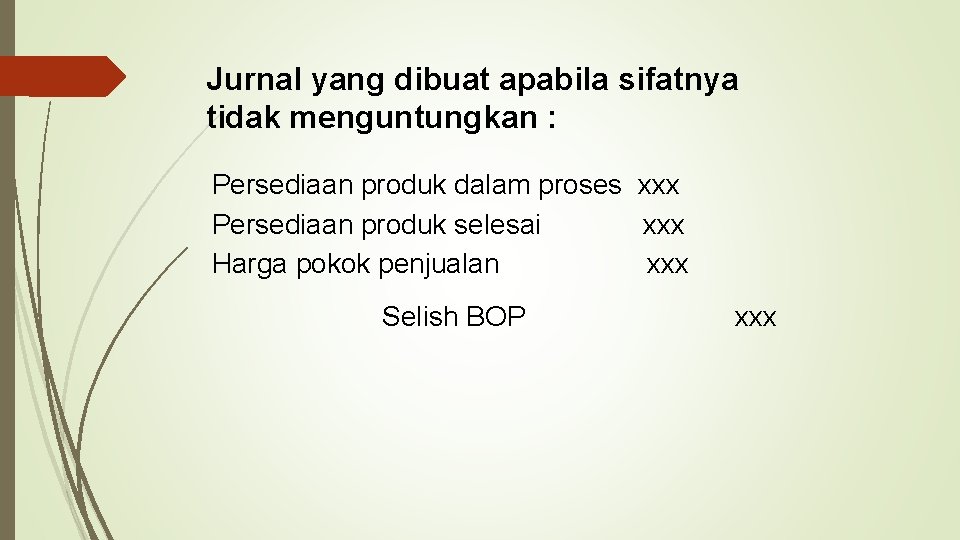 Jurnal yang dibuat apabila sifatnya tidak menguntungkan : Persediaan produk dalam proses xxx Persediaan