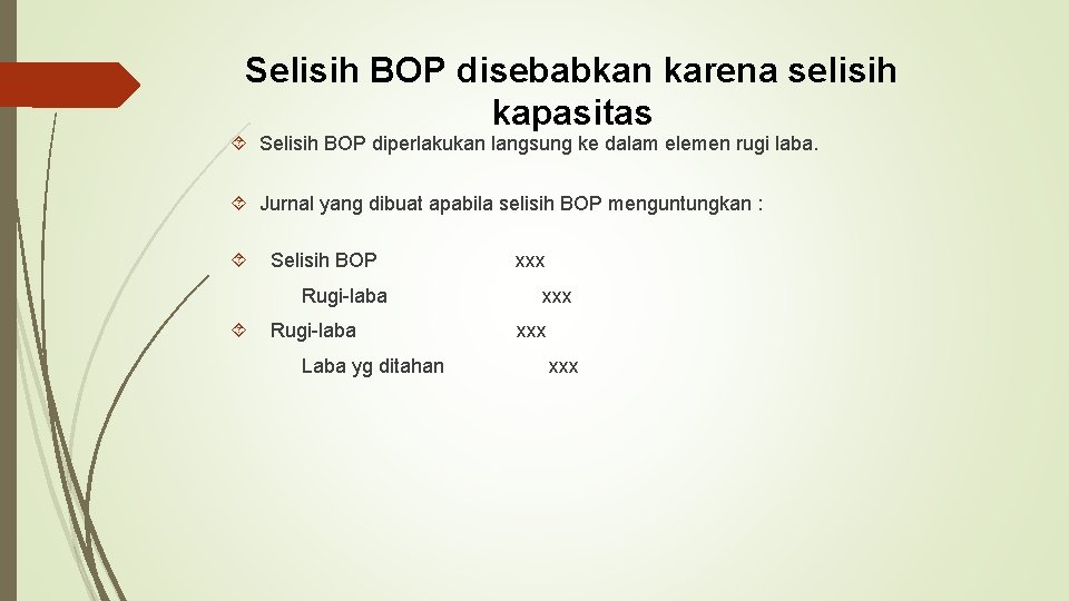 Selisih BOP disebabkan karena selisih kapasitas Selisih BOP diperlakukan langsung ke dalam elemen rugi