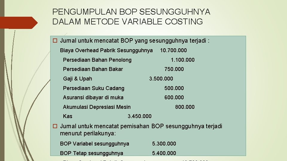 PENGUMPULAN BOP SESUNGGUHNYA DALAM METODE VARIABLE COSTING Jurnal untuk mencatat BOP yang sesungguhnya terjadi