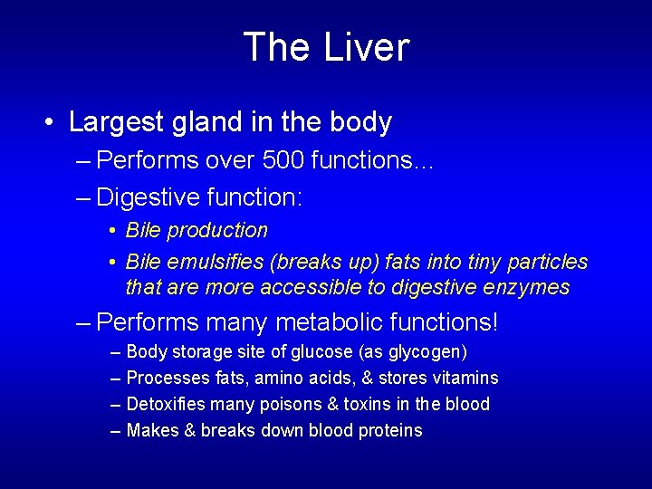 The Liver • Largest gland in the body – Performs over 500 functions… –