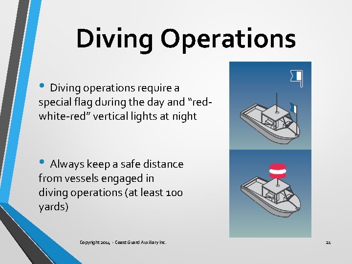 Diving Operations • Diving operations require a special flag during the day and “redwhite-red”