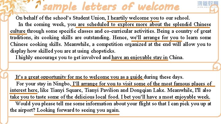 sample letters of welcome On behalf of the school’s Student Union, I heartily welcome