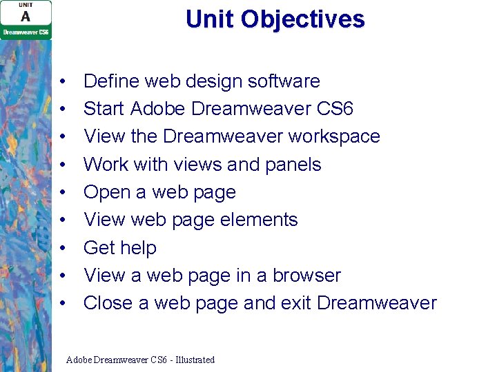 Unit Objectives • • • Define web design software Start Adobe Dreamweaver CS 6 Unit Objectives • • • Define web design software Start Adobe Dreamweaver CS 6